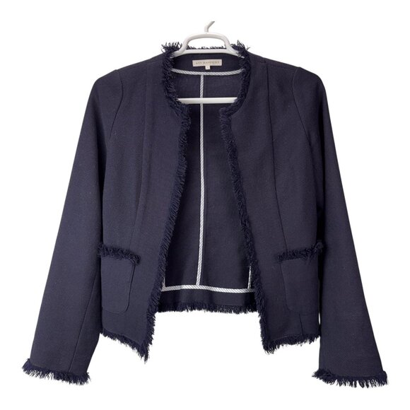 Ann Mashburn Wool Blazer Jacket Womens Medium Navy Blue Fringe - Picture 1 of 13